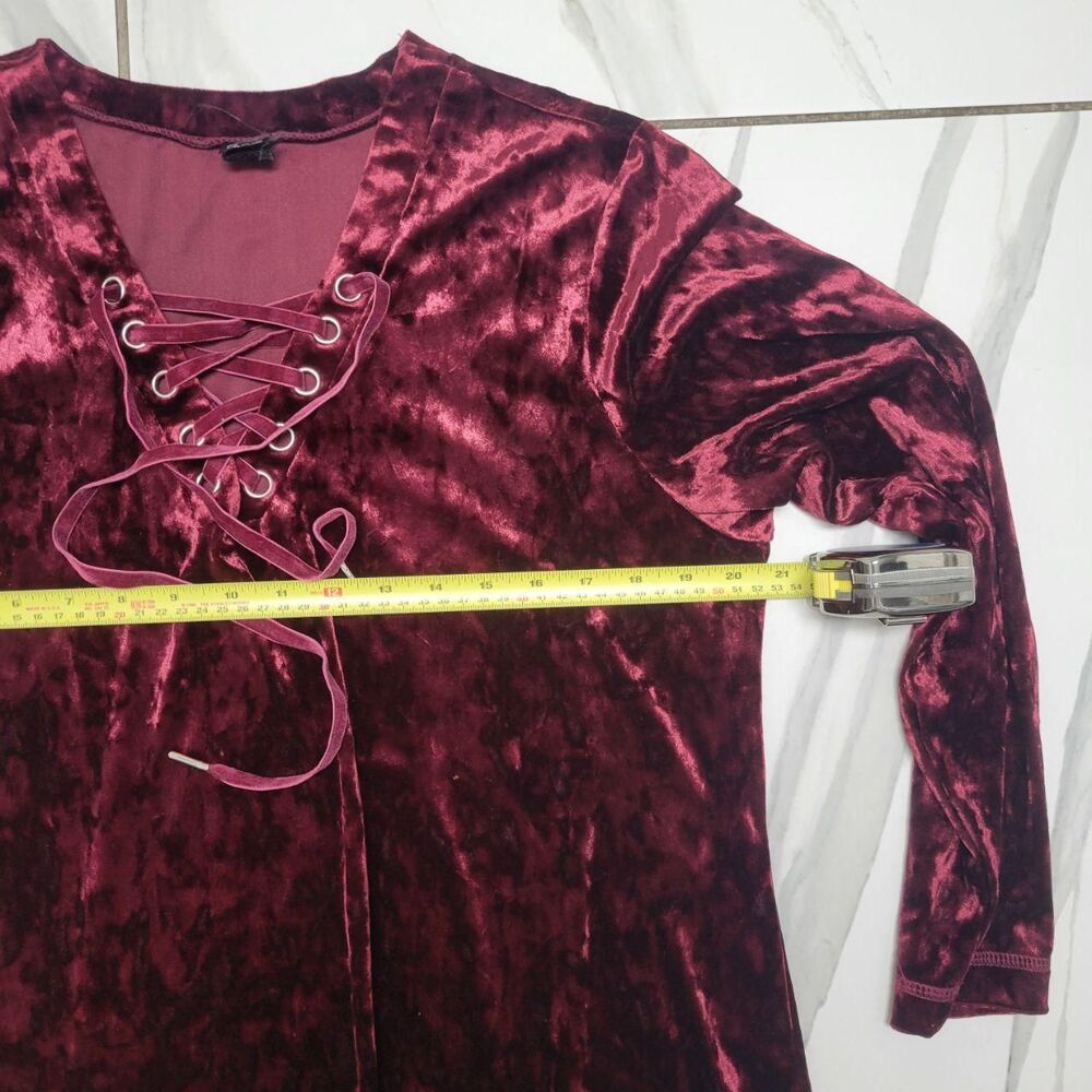 Burgundy Crushed Velvet Lace Up Mini Dress Fairycore Whimsigoth Gothic - Picture 3 of 5